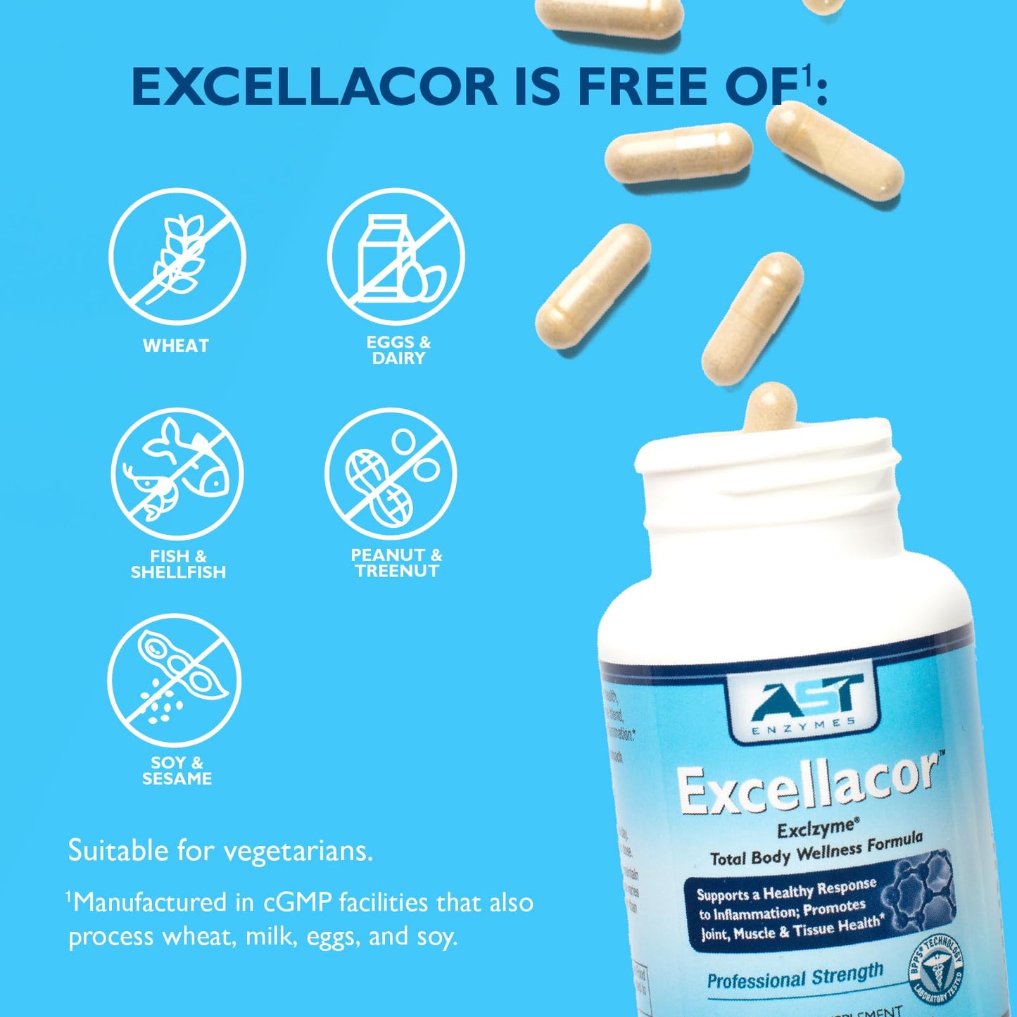 AST Enzymes Excellacor-450 Vegetarian Capsules – Premium Natural Systemic Enzyme Formula for Total Body Support