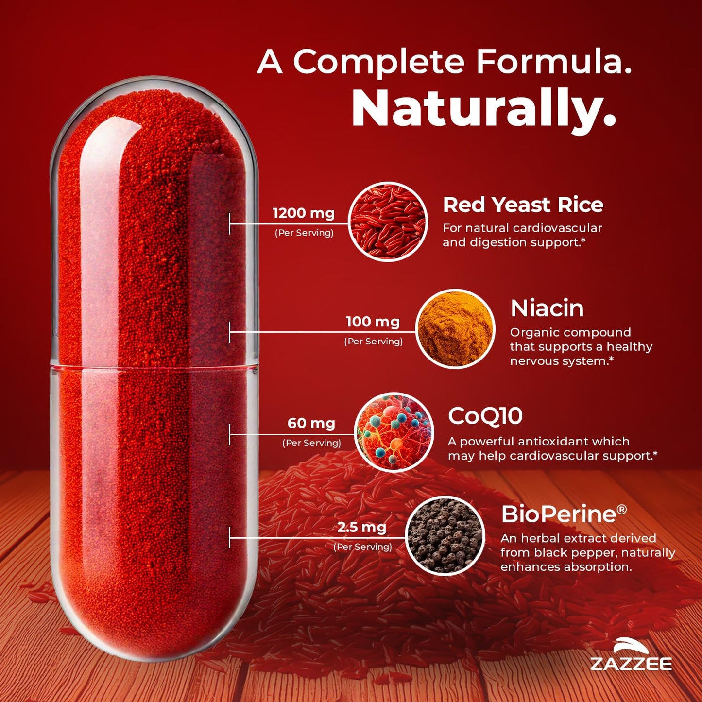 Red Yeast Rice 1200mg with CoQ10 & Bioperine – 75 Servings (Non-GMO, Vegan)