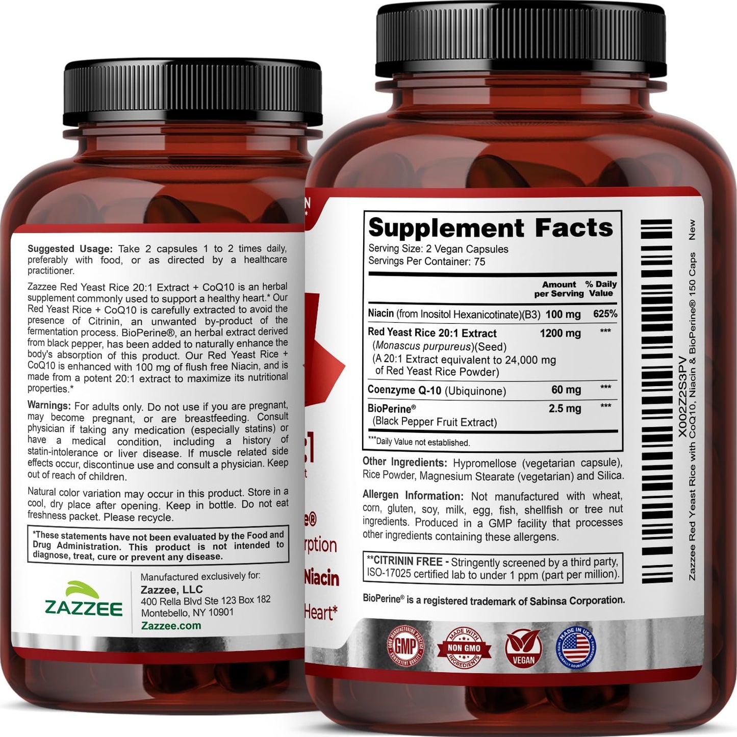 Red Yeast Rice 1200mg with CoQ10 & Bioperine – 75 Servings (Non-GMO, Vegan)