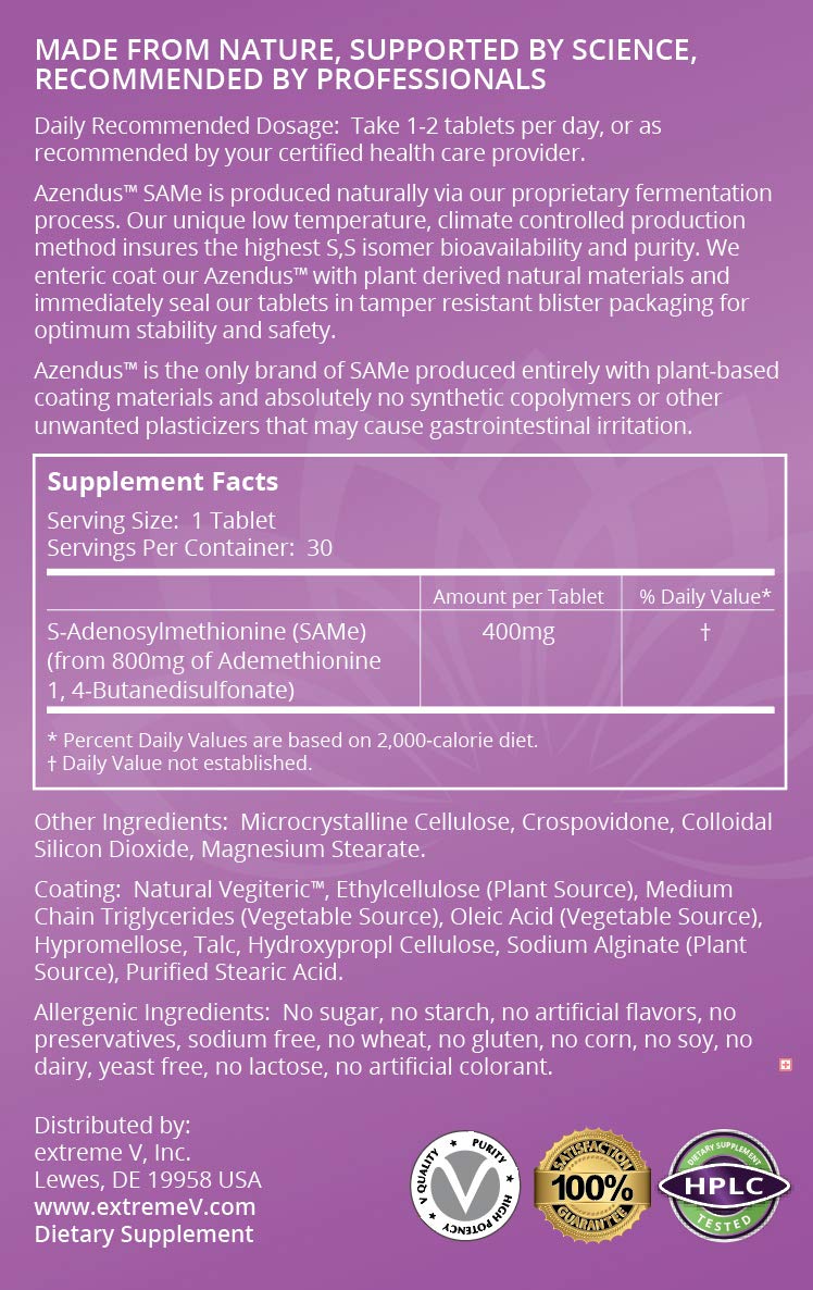 Extreme V Azendus SAM-e Mood Support 400mg – 30 Count Enteric Coated Tablets