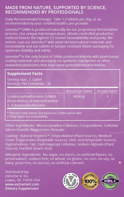 Extreme V Azendus SAM-e Mood Support 400mg – 30 Count Enteric Coated Tablets