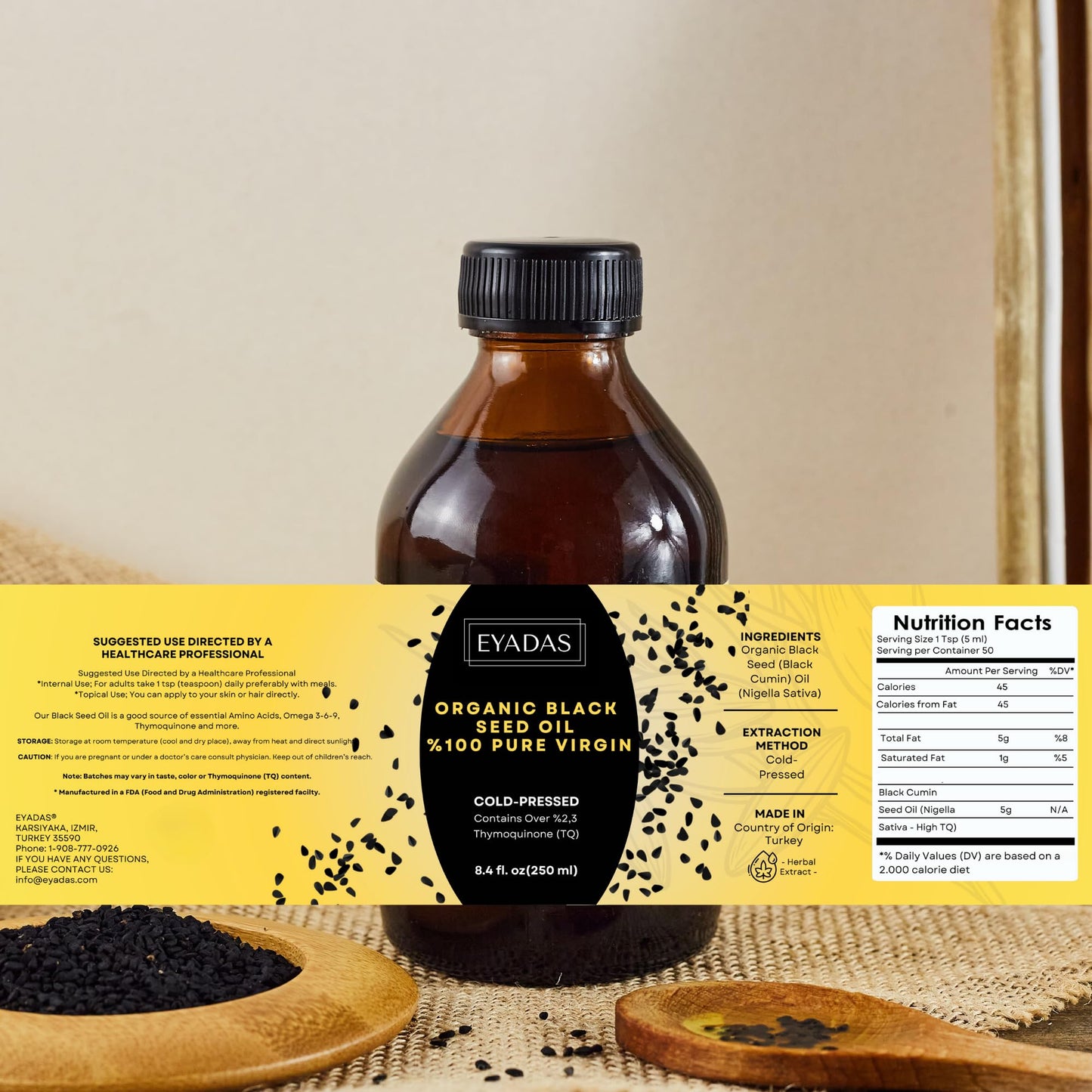 EYADAS Organic Black Seed Oil 8.4oz - 3X Thymoquinone, Turkish Nigella Sativa