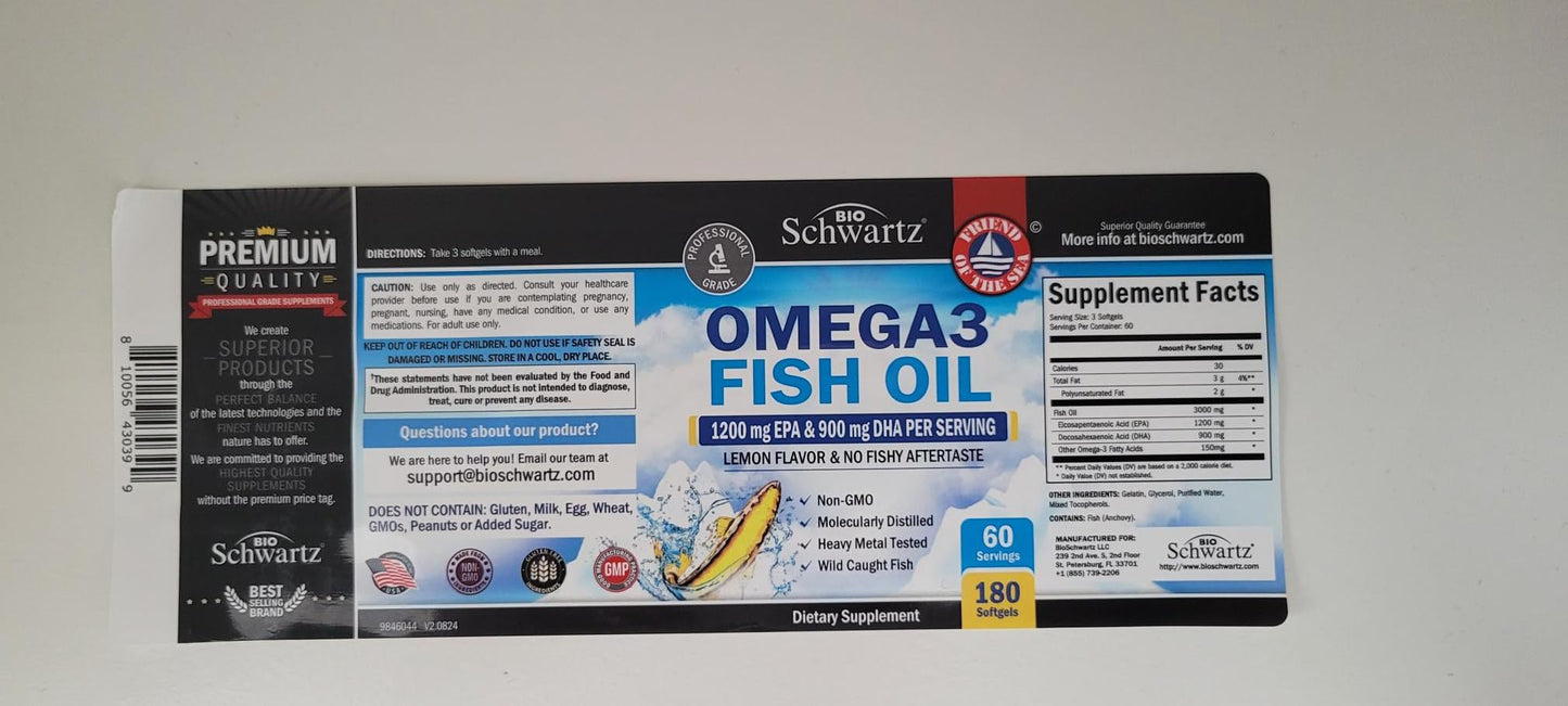 Triple Strength Omega-3 Fish Oil 2250mg EPA/DHA - Burpless Lemon, 180 Softgels