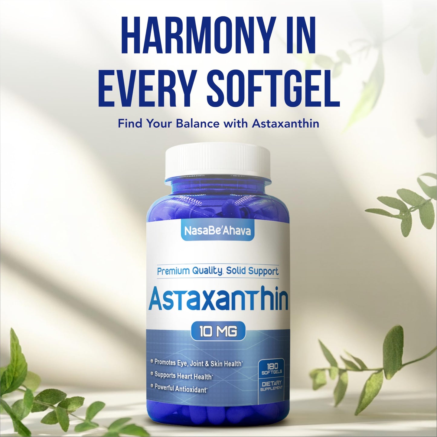 Astaxanthin 10mg Supplement for Eye & Skin Health | Haematococcus Pluvialis Microalgae | 180 Day Supply