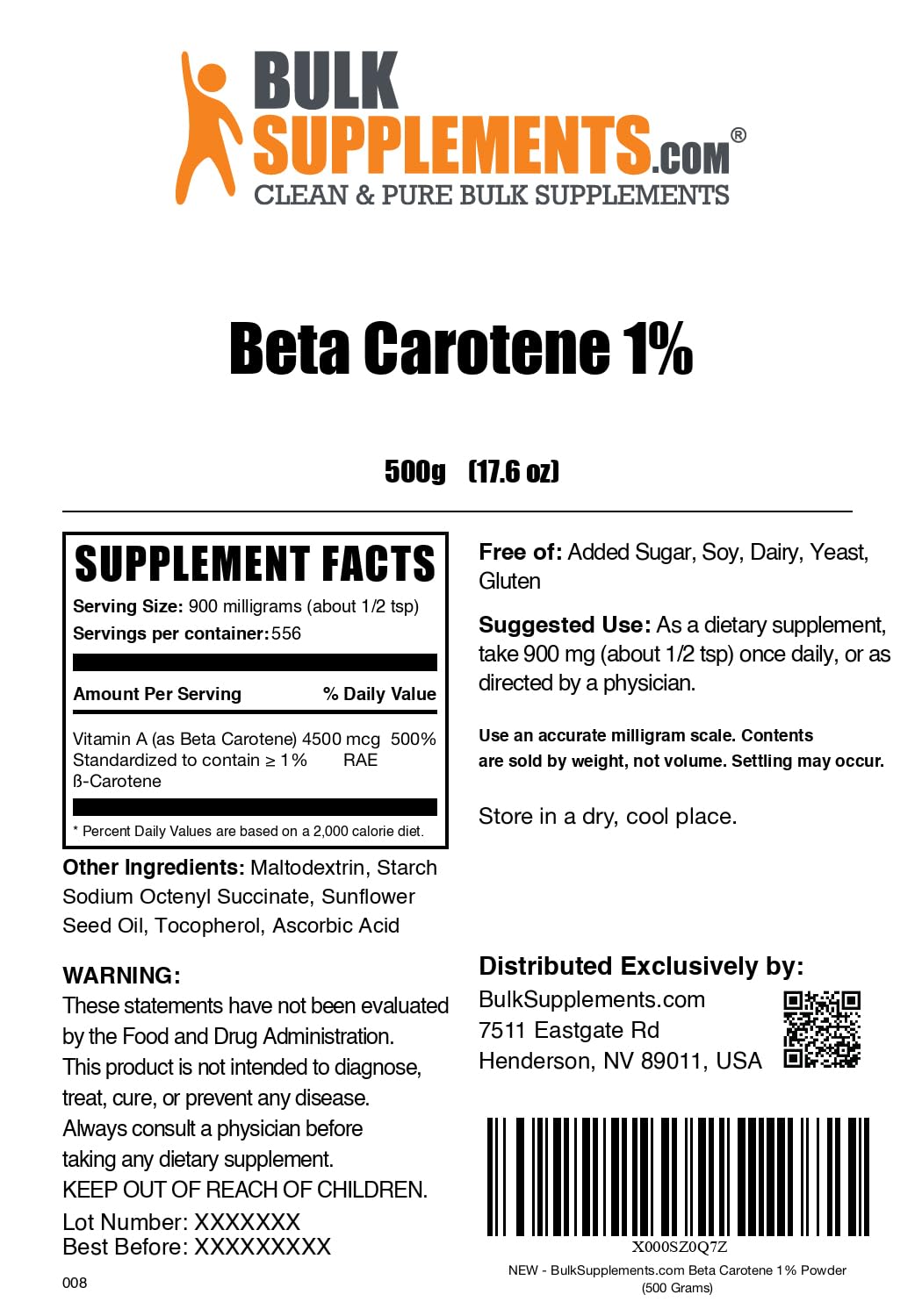 BulkSupplements Beta Carotene Powder – Vitamin A Support, Immune & Vision, 900mg/Serving, 500g