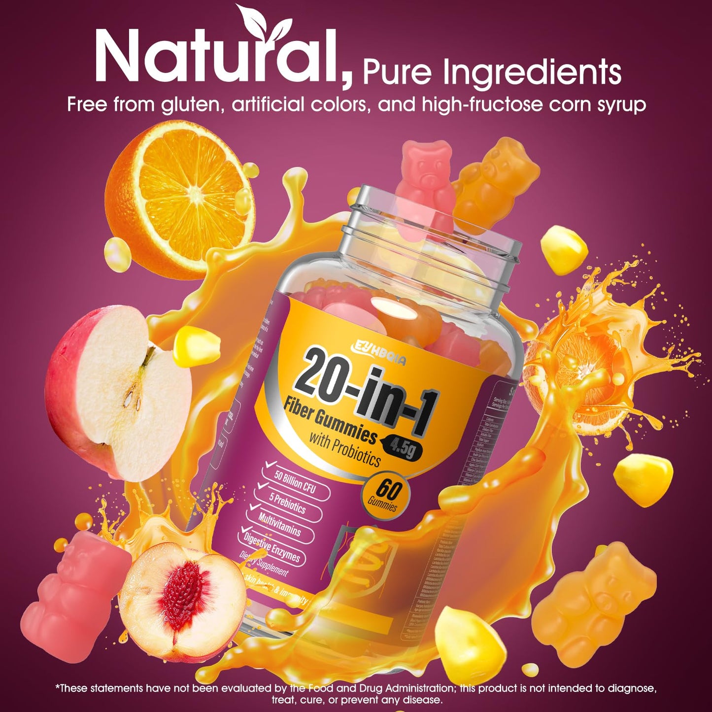 EYHBQIA Fiber Supplement 20-in-1 | 50B CFU Probiotic Gummies for Adults (Orange)