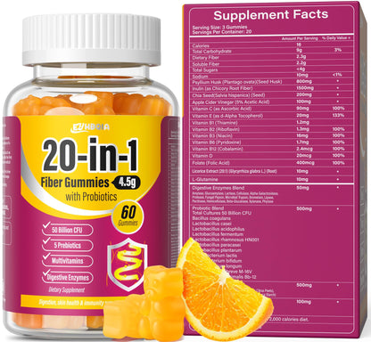 EYHBQIA Fiber Supplement 20-in-1 | 50B CFU Probiotic Gummies for Adults (Orange)