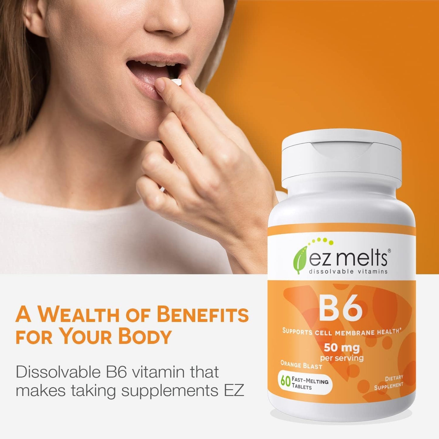 EZ Melts Dissolvable Vitamin B6 50 mg – Sugar-Free, 1-Month Supply (2 Pack)