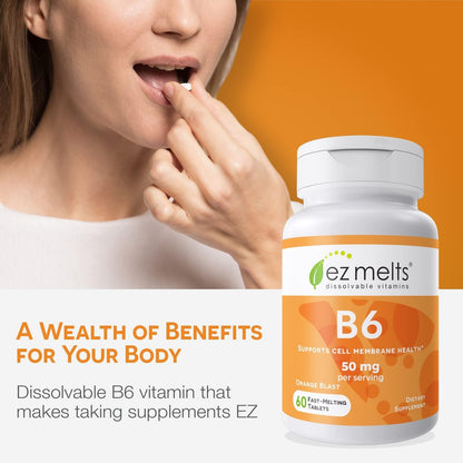 EZ Melts Dissolvable Vitamin B6 50 mg – Sugar-Free, 1-Month Supply (2 Pack)