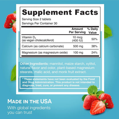 EZ Melts Calcium & Magnesium - Vegan, Non-GMO | Strawberry Smoothie - 60 Tablets