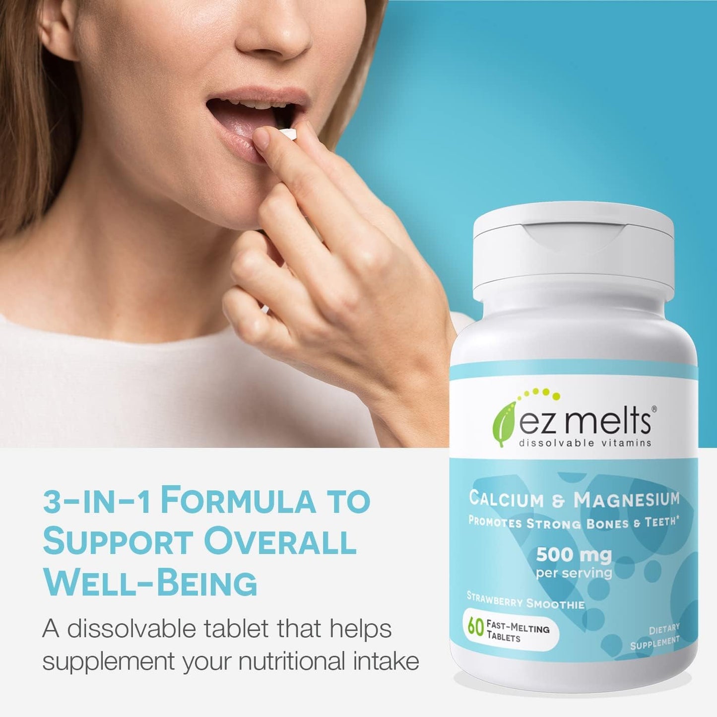 EZ Melts Calcium & Magnesium - Vegan, Non-GMO | Strawberry Smoothie - 60 Tablets