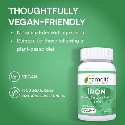 EZ Melts Iron - Dissolvable Iron Supplement for Daily Energy | Vitamin C | Non-GMO & Vegan | Zesty Orange