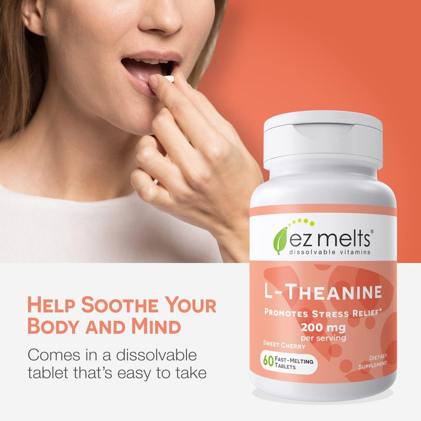EZ Melts Dissolvable L-Theanine 200 mg, Sugar-Free, 1-Month Supply - 1 Pack