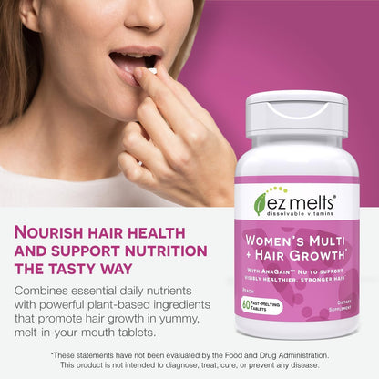 EZ Melts Women's Multi + Hair Growth – Peach, 120 Dissolvable Tablets (60 Servings) – Vegan & Non-GMO