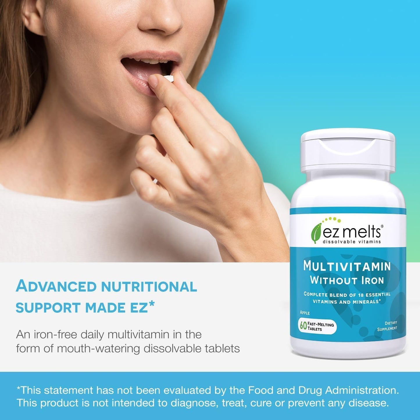 EZ Melts Dissolvable Multivitamin Without Iron – 18 Vitamins & Sugar-Free