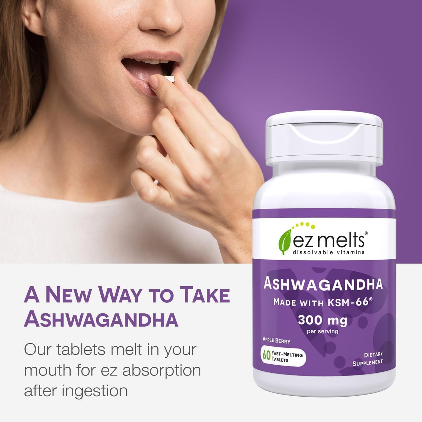 EZ Melts Dissolvable KSM-66 Ashwagandha 300 mg - Sugar-Free | Stress, Sleep & Mood Support