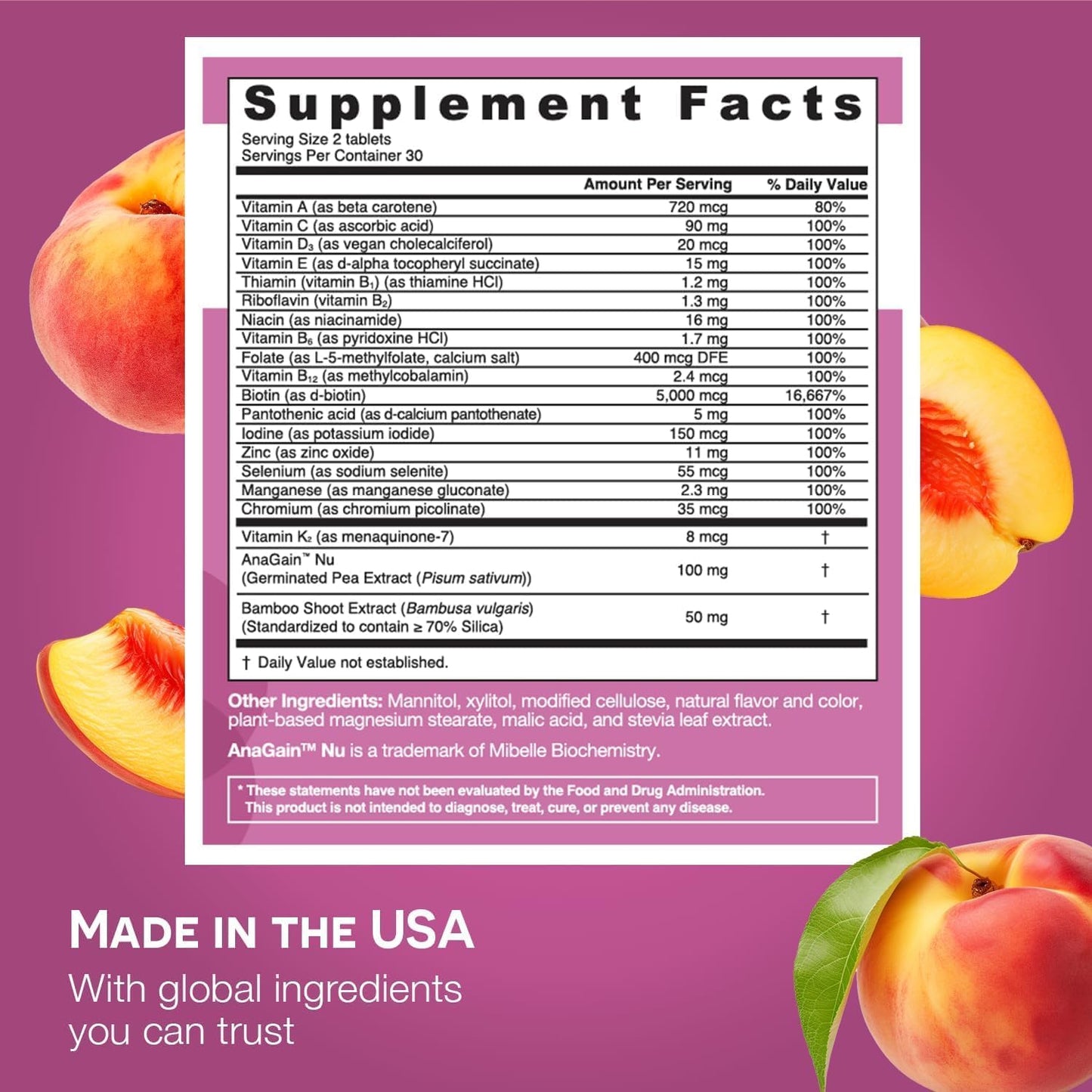 EZ Melts Women's Multi + Hair Growth – Peach, 120 Dissolvable Tablets (60 Servings) – Vegan & Non-GMO