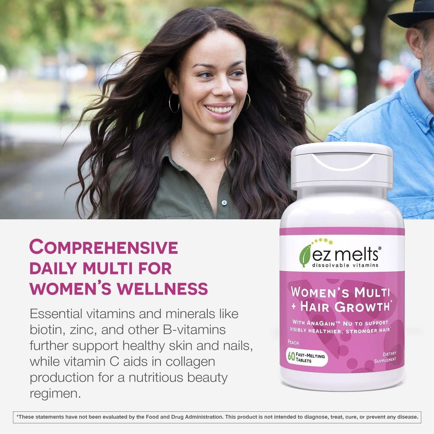 EZ Melts Women's Multi + Hair Growth – Peach Dissolvable Multivitamin for Women (60 Tablets) – Vegan & Non-GMO
