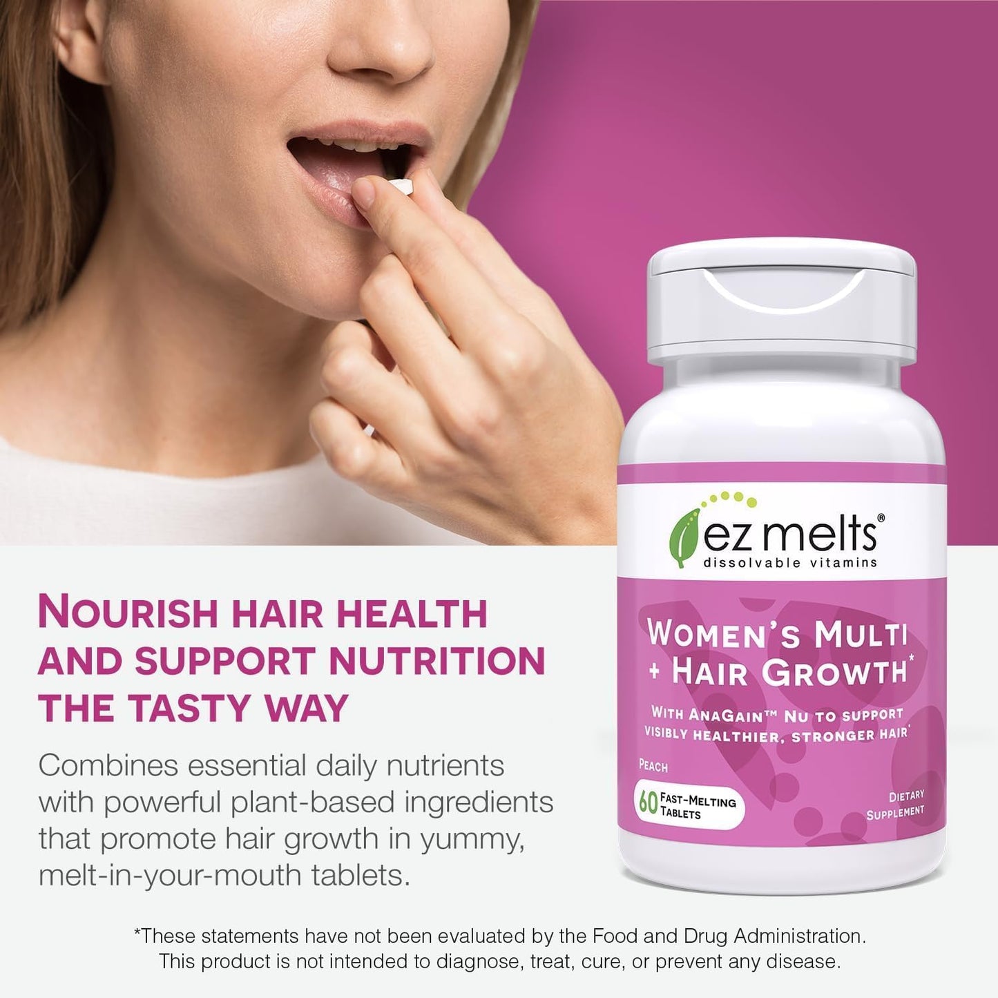 EZ Melts Women's Multi + Hair Growth – Peach Dissolvable Multivitamin for Women (60 Tablets) – Vegan & Non-GMO