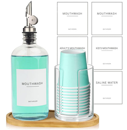 Ezebesta 480ml Glass Pump Dispenser for Mouthwash – Bamboo Tray, Cups Holder & Labels