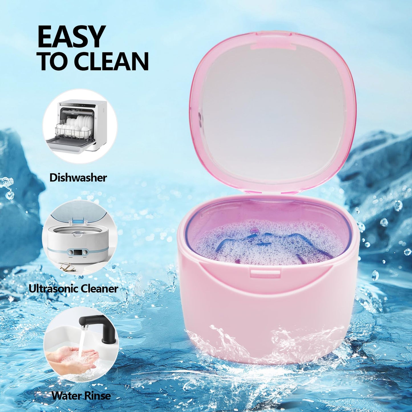 EZEELAI Partial Denture Case Leak Proof with Strainer Basket and Brush | Waterproof Denture Cup Retainer - Pink