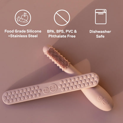 ezpz Baby-Led Toothbrush + Tongue Depressor Dual Pack (Pewter) – 100% Silicone Toothbrush & Silicone/Stainless Steel Tongue Depressor
