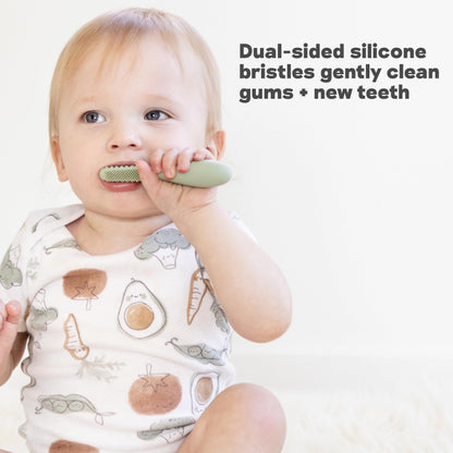 ezpz Baby-Led Toothbrush + Tongue Depressor Dual Pack (Pewter) – 100% Silicone Toothbrush & Silicone/Stainless Steel Tongue Depressor