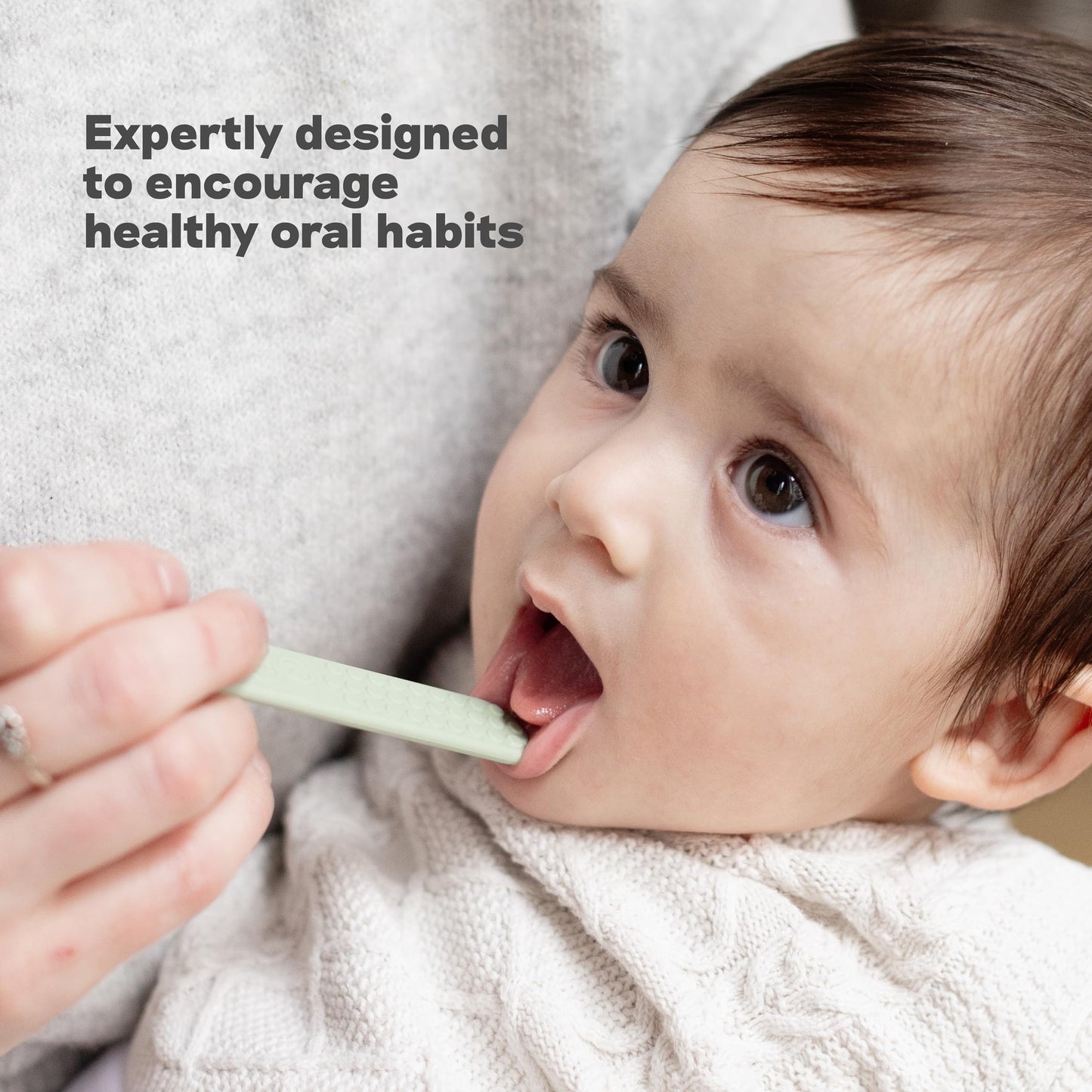 ezpz Baby-Led Toothbrush + Tongue Depressor Dual Pack (Pewter) – 100% Silicone Toothbrush & Silicone/Stainless Steel Tongue Depressor