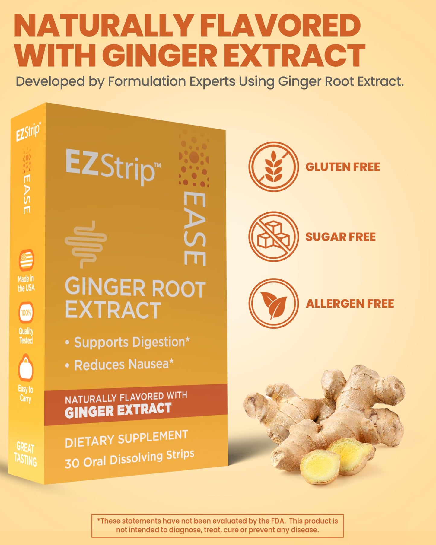 EZStrip Ease Ginger Flavor Dissolving Strips - 30 Count for Nausea & Motion Sickness - Made in USA