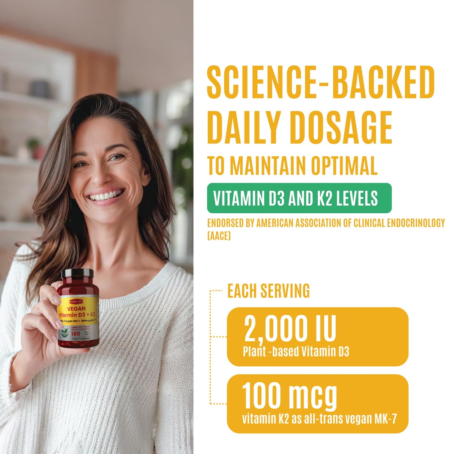 FAMILI+ Vegan Vitamin D3 + K2 Softgels (2000 IU D3, 100 mcg MK-7) with Coconut MCT – 180 Days