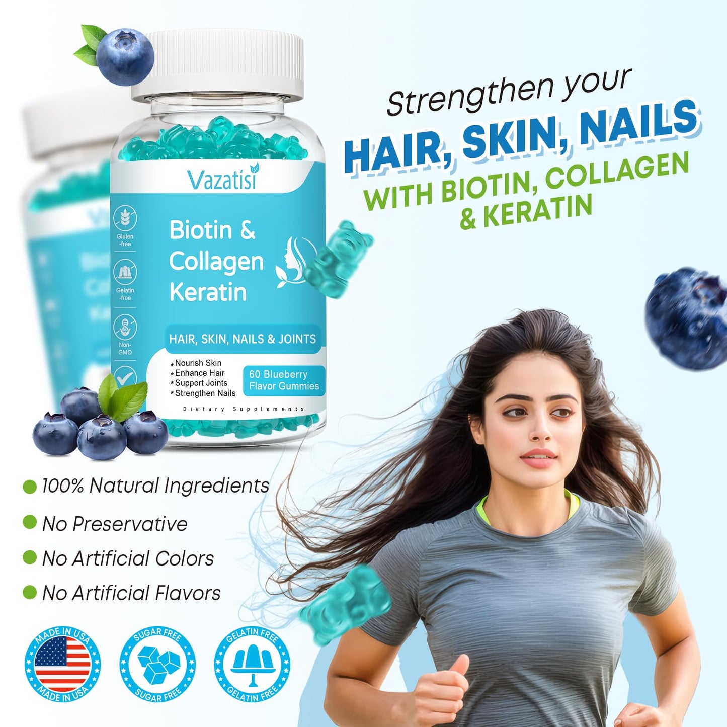 Biotin Gummies with Collagen and Keratin – Hair and Nails Support (Blueberry, 60)