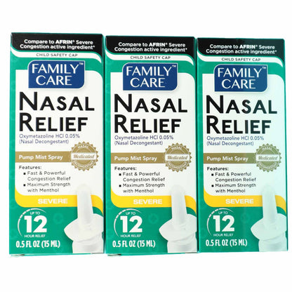 FamilyCare Nasal Relief Spray – 12 Hours, Pump Mist, Anti-Drip, 3 Pack