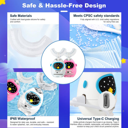 FanHwaDaiMung Kids U-Shaped Electric Toothbrush with Music – 3 Modes, Voice Teaching, Type-C Charging (Ages 3-12)