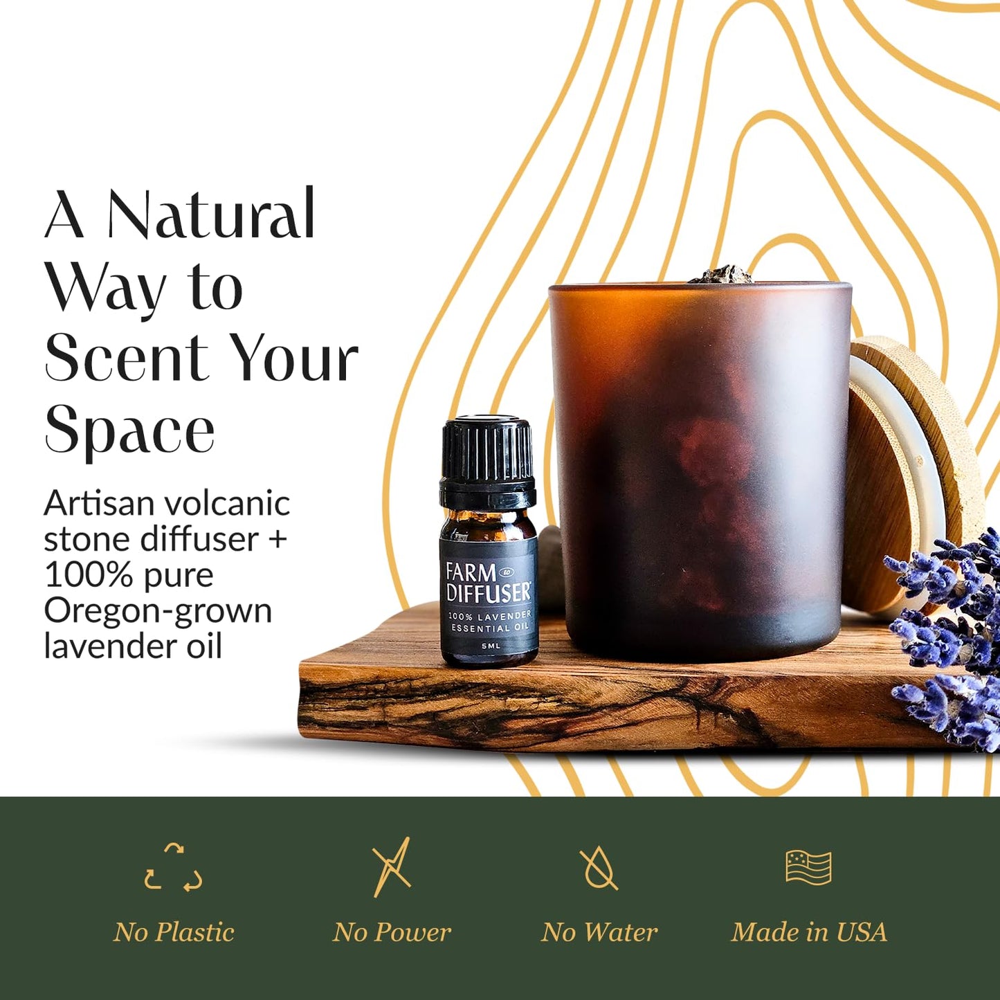 Lava Rock Diffuser & Lavender Essential Oil Set | Farm to Diffuser | No Water, Cordless