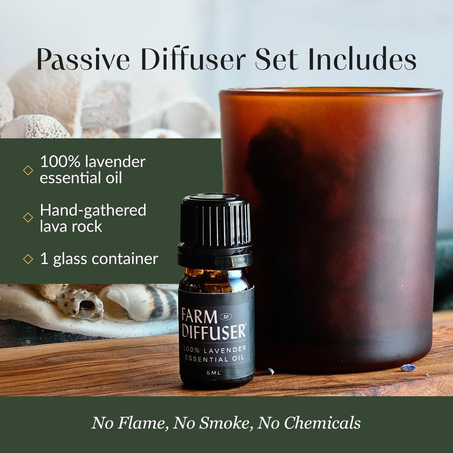 Lava Rock Diffuser & Lavender Essential Oil Set | Farm to Diffuser | No Water, Cordless