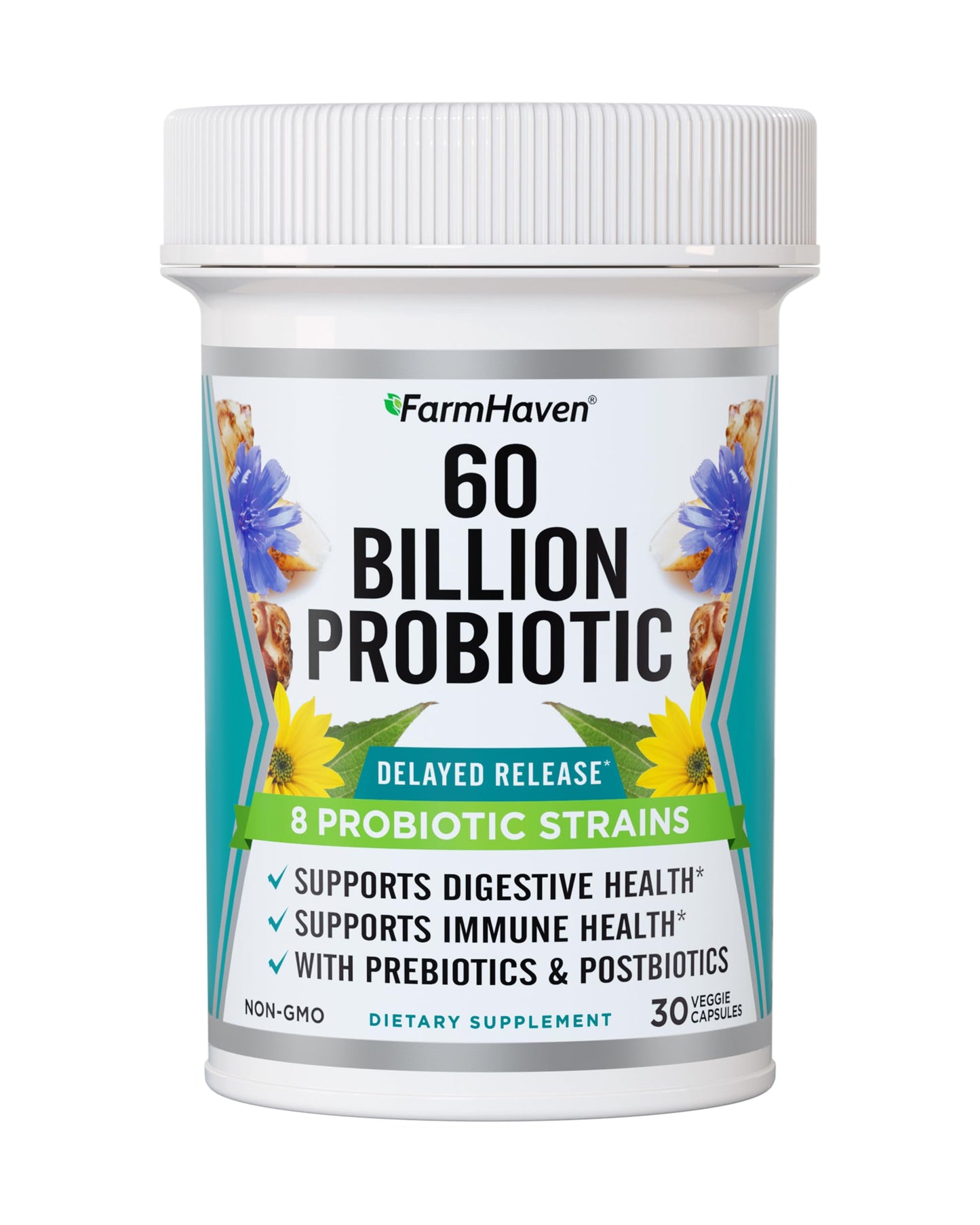 FarmHaven 60 Billion CFU Probiotic – 8 Strains, Prebiotics & Postbiotics – 30 Caps