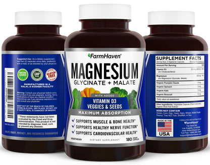 FarmHaven Magnesium Glycinate & Malate Complex with Vitamin D3 - 180 Capsules