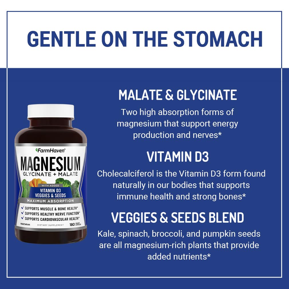 FarmHaven Magnesium Glycinate & Malate Complex with Vitamin D3 - 180 Capsules