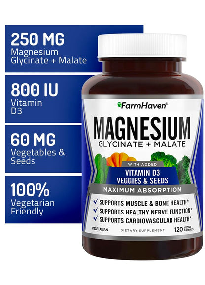 FarmHaven Magnesium Complex – Chelated Glycinate + D3, 120 Caps