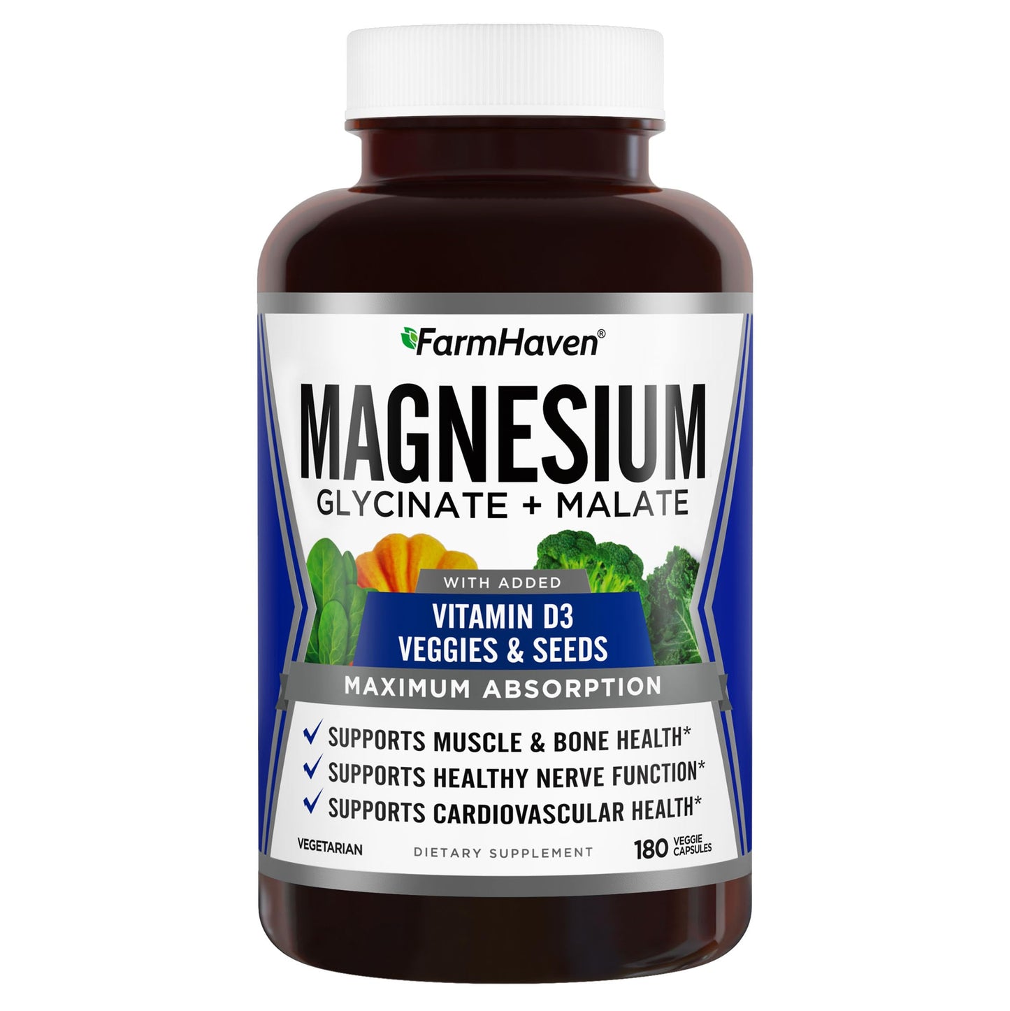 FarmHaven Magnesium Glycinate & Malate Complex with Vitamin D3 - 180 Capsules