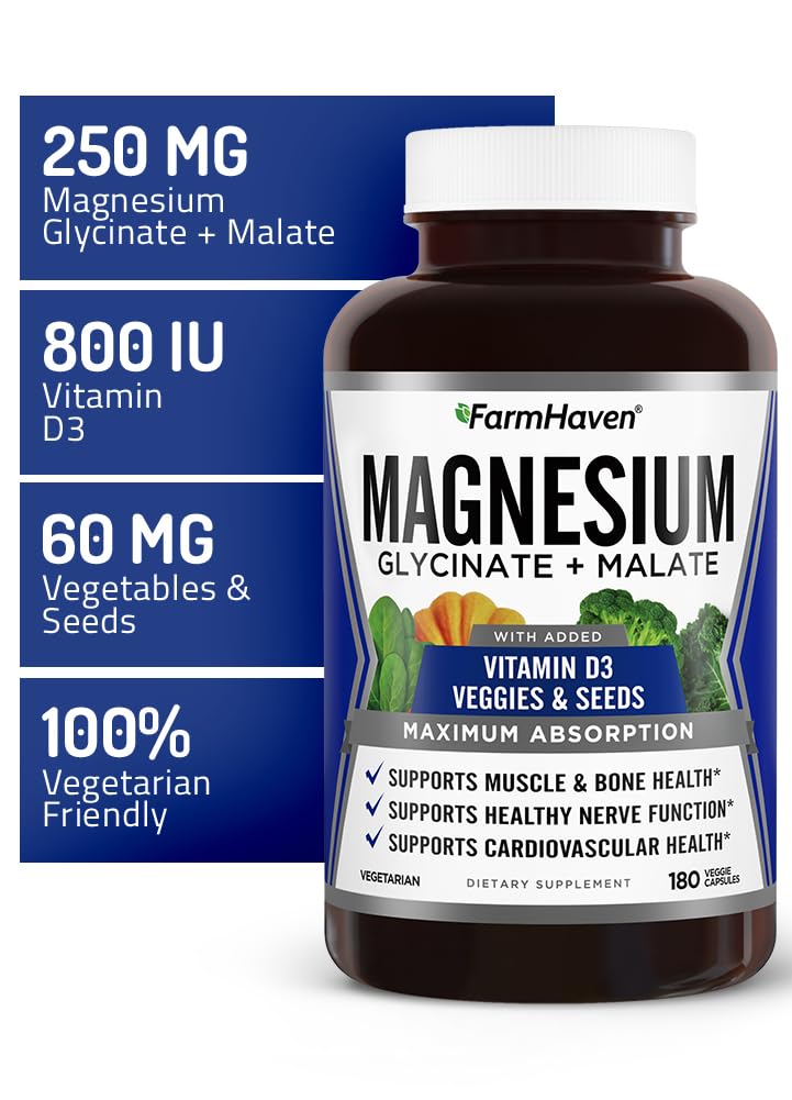 FarmHaven Magnesium Glycinate & Malate Complex with Vitamin D3 - 180 Capsules