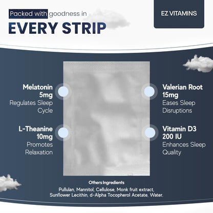 Dissolvable Oral Sleep Strips – 5mg Melatonin, Valerian, L-Theanine, Vitamin D3 | Mint 30ct