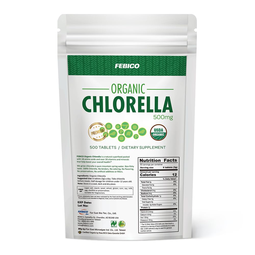 FEBICO Chlorella Tablets 500mg, 500ct – 83 Days, USDA Organic, Vegan, Non-GMO, Taiwan
