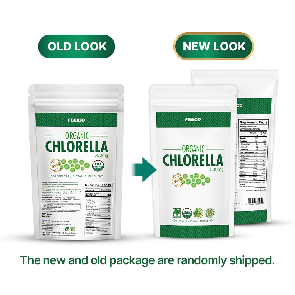 FEBICO Chlorella Tablets 500mg, 500ct – 83 Days, USDA Organic, Vegan, Non-GMO, Taiwan