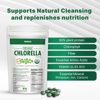 FEBICO Chlorella Tablets 500mg, 500ct – 83 Days, USDA Organic, Vegan, Non-GMO, Taiwan