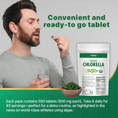 FEBICO Chlorella Tablets 500mg, 500ct – 83 Days, USDA Organic, Vegan, Non-GMO, Taiwan