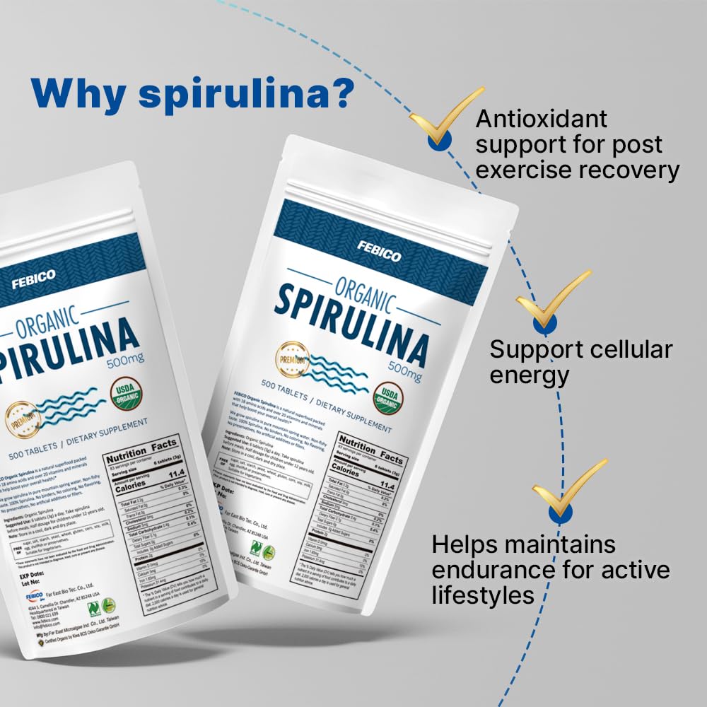 FEBICO Organic Spirulina Tablets 250g – 83 Days Supply | Vegan, Non-GMO, USDA, Naturland, Halal