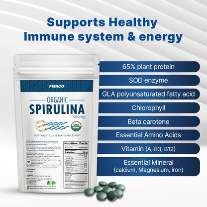 FEBICO Organic Spirulina Tablets 250g – 83 Days Supply | Vegan, Non-GMO, USDA, Naturland, Halal