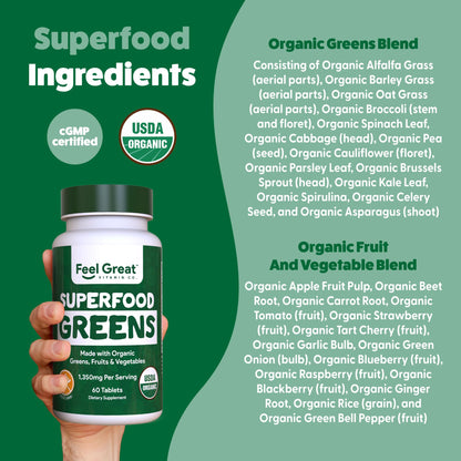 Feel Great Vitamins Super Greens Tablets – Organic Greens, Fruits & Veggies | 60 Tablets