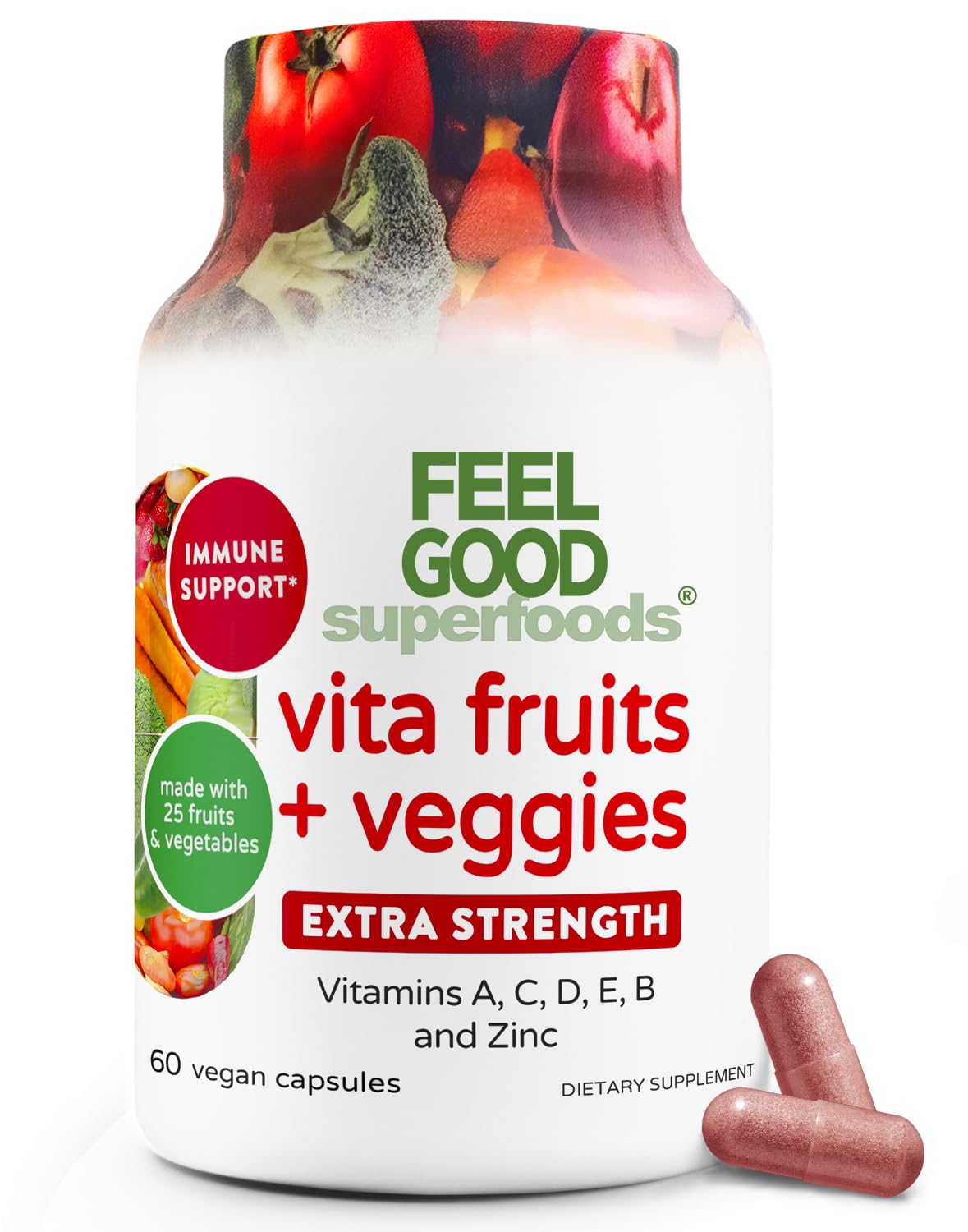 FeelGood Superfoods 1000mg Immune Support Capsules – 25 Organic Fruits & Vegetables, 60 Count